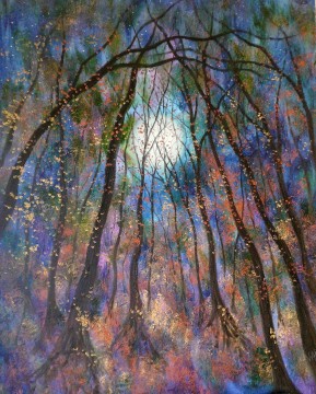 Paisajes Painting - Hojas de cobre caen árboles luna azul y luciérnagas jardín decoración paisaje pared arte naturaleza paisaje